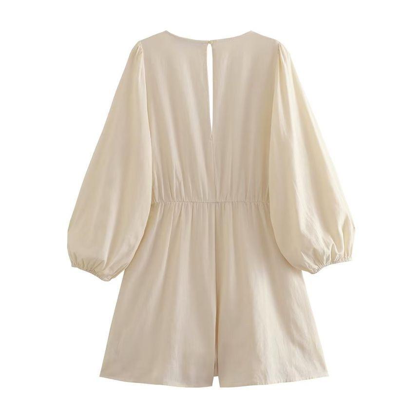 Long-Sleeve V-Neck Crochet Panel Wide Leg Romper Product Image