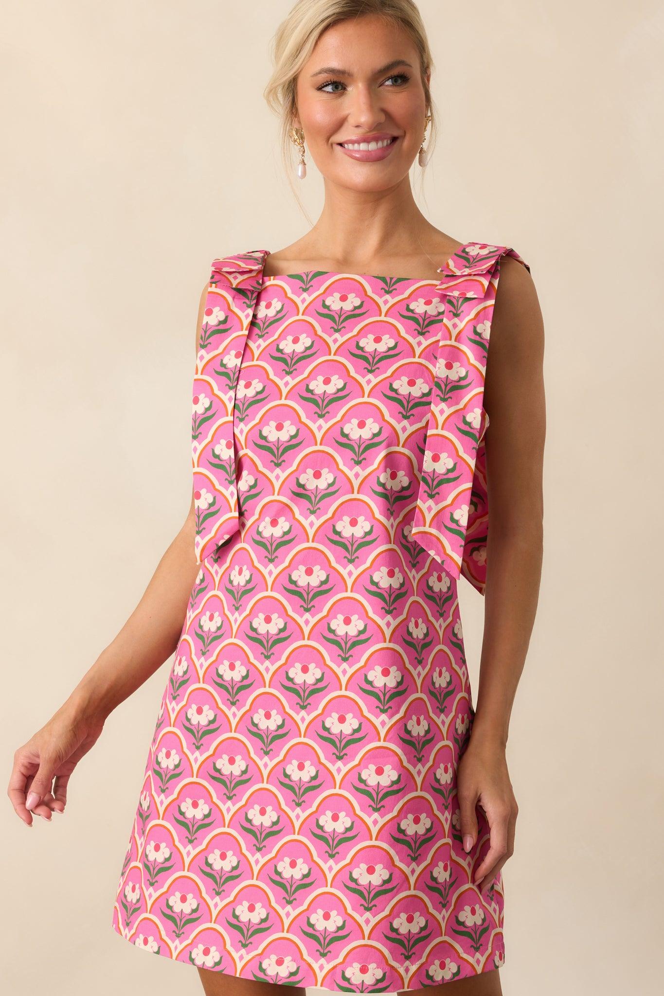 Someone So Lovely Pink Geometric Floral Print Cotton Mini Dress Product Image