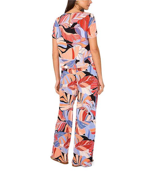 Vince Camuto Woven Tropical Palm Print Drawstring Waist Wide Leg Pants Product Image