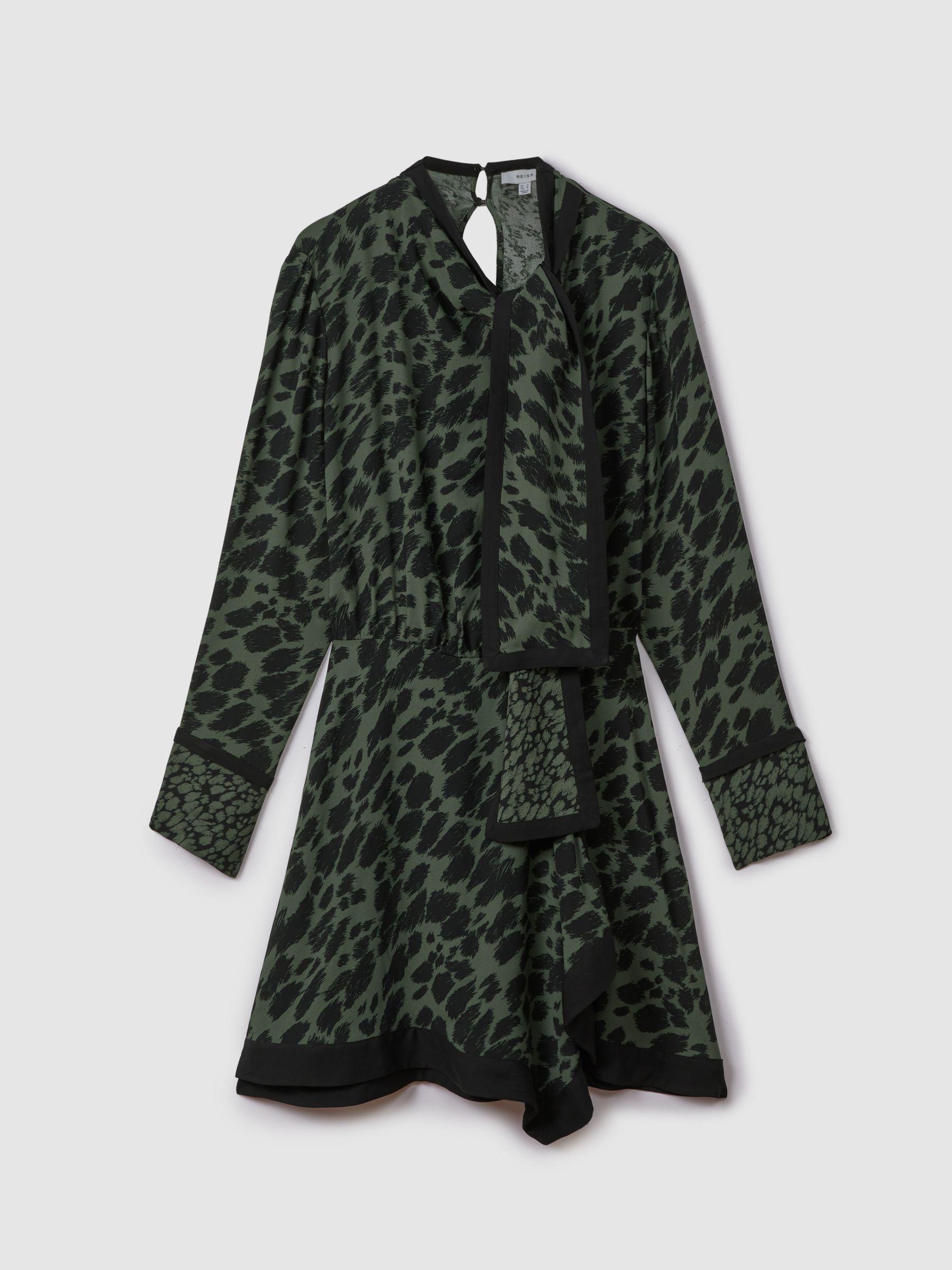 Printed Tie Neck Mini Dress in Black/Dark Khaki Product Image