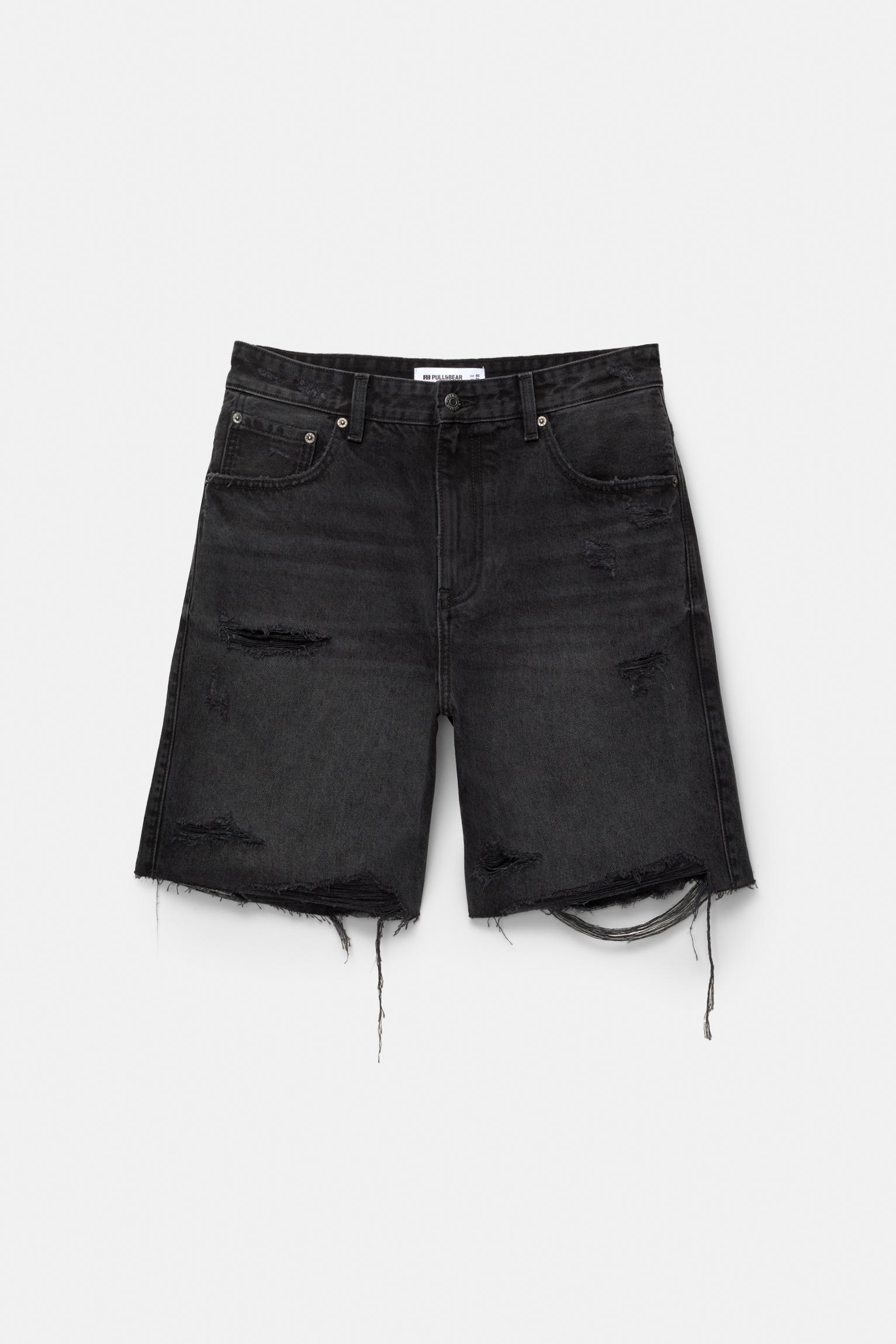 Ripped straight fit denim Bermuda shorts Product Image