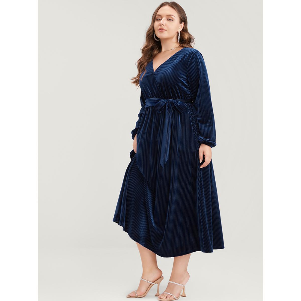 Plus Size Striped Velvet Pocket Lantern Sleeve Belted Wrap Dress DarkBlue Women Glamour Pocket V-neck Long Sleeve Curvy Midi Dress BloomChic 22-24/3X Product Image