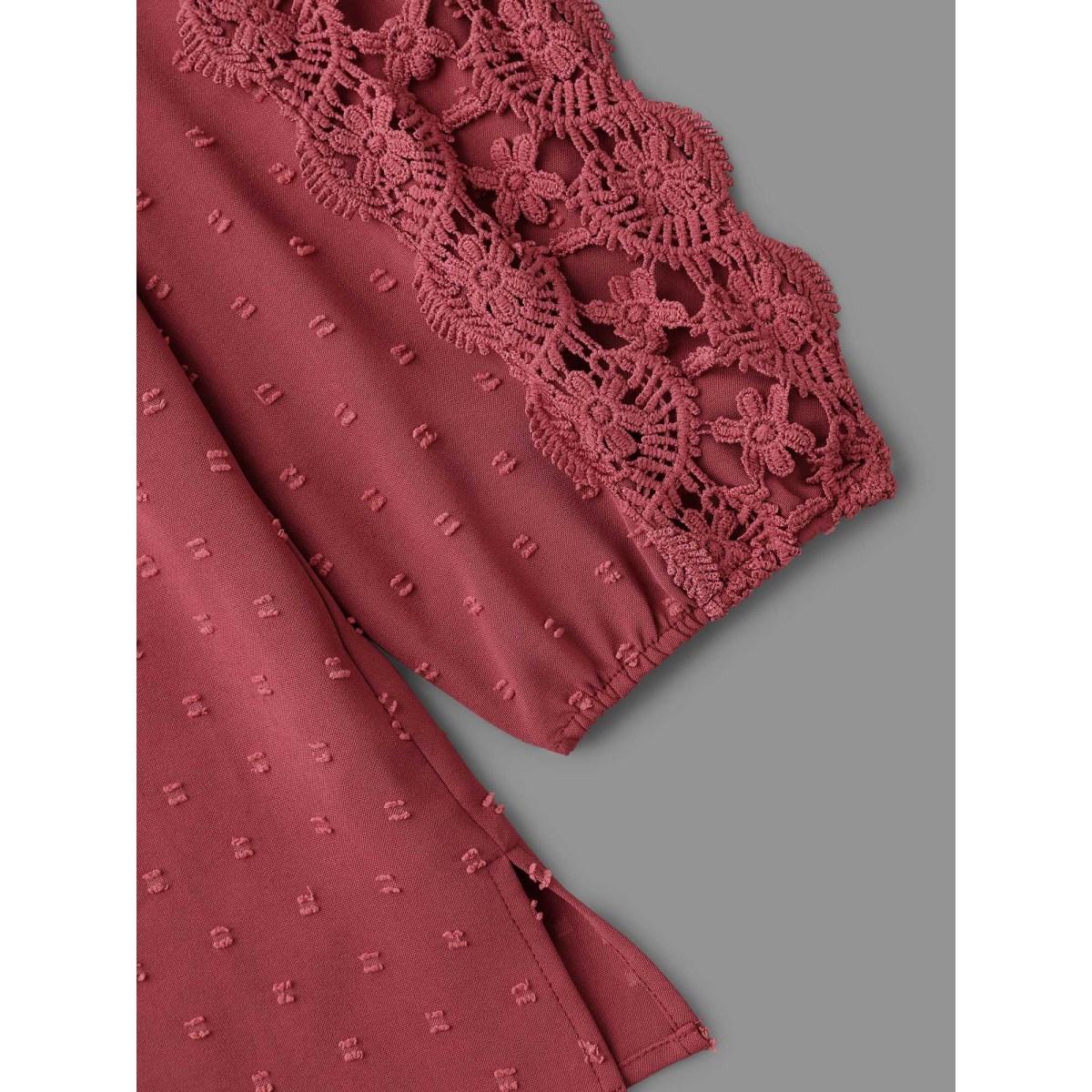 Plus Size Russet Lace Trim V-Neck Textured Blouse Women Elegant Long Sleeve V-neck Everyday Blouses BloomChic 18-20/2X Product Image