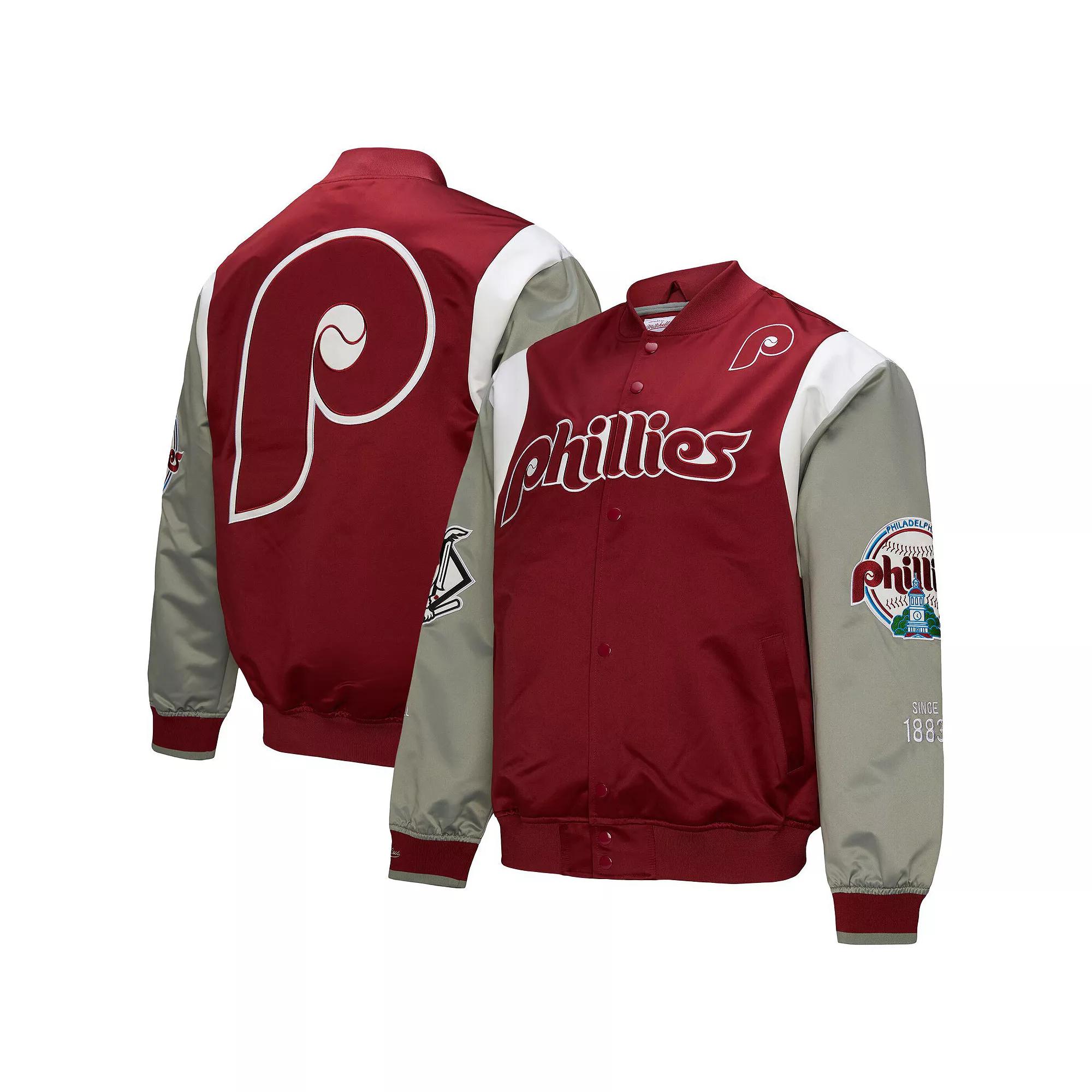 Men's Mitchell & Ness Burgundy/Gray Philadelphia Phillies Cooperstown Collection Team Origins Satin Full-Snap Jacket,  Product Image