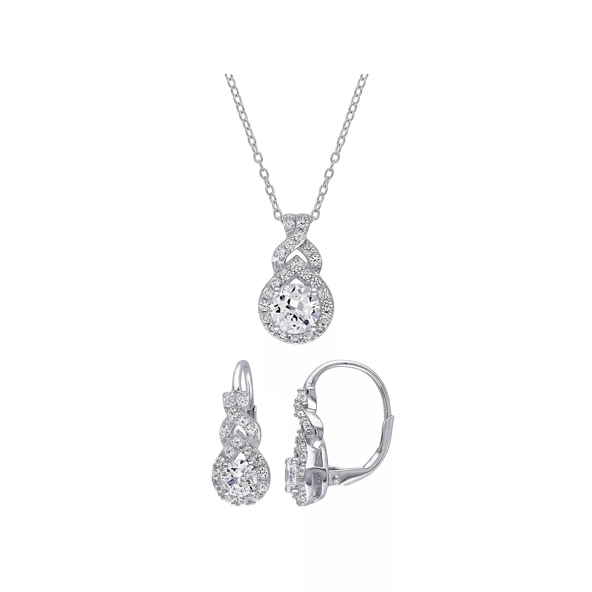 Stella Grace Sterling Silver Lab-Created White Sapphire Halo Pendant Necklace & Earring Set, Women's, Size: 18" Product Image