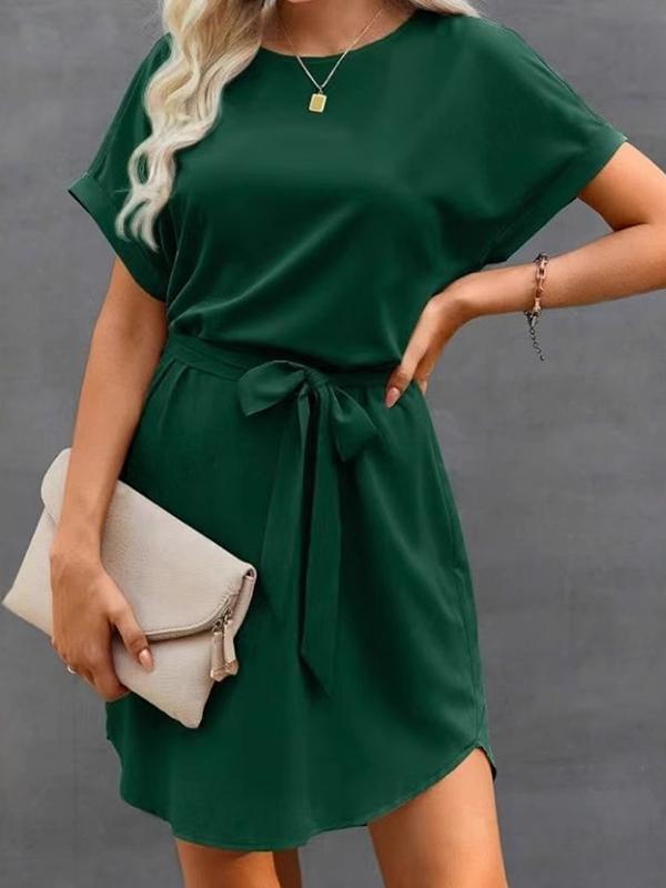 Loose Short Sleeves Solid Color Tied Waist Round-Neck Mini Dresses Product Image