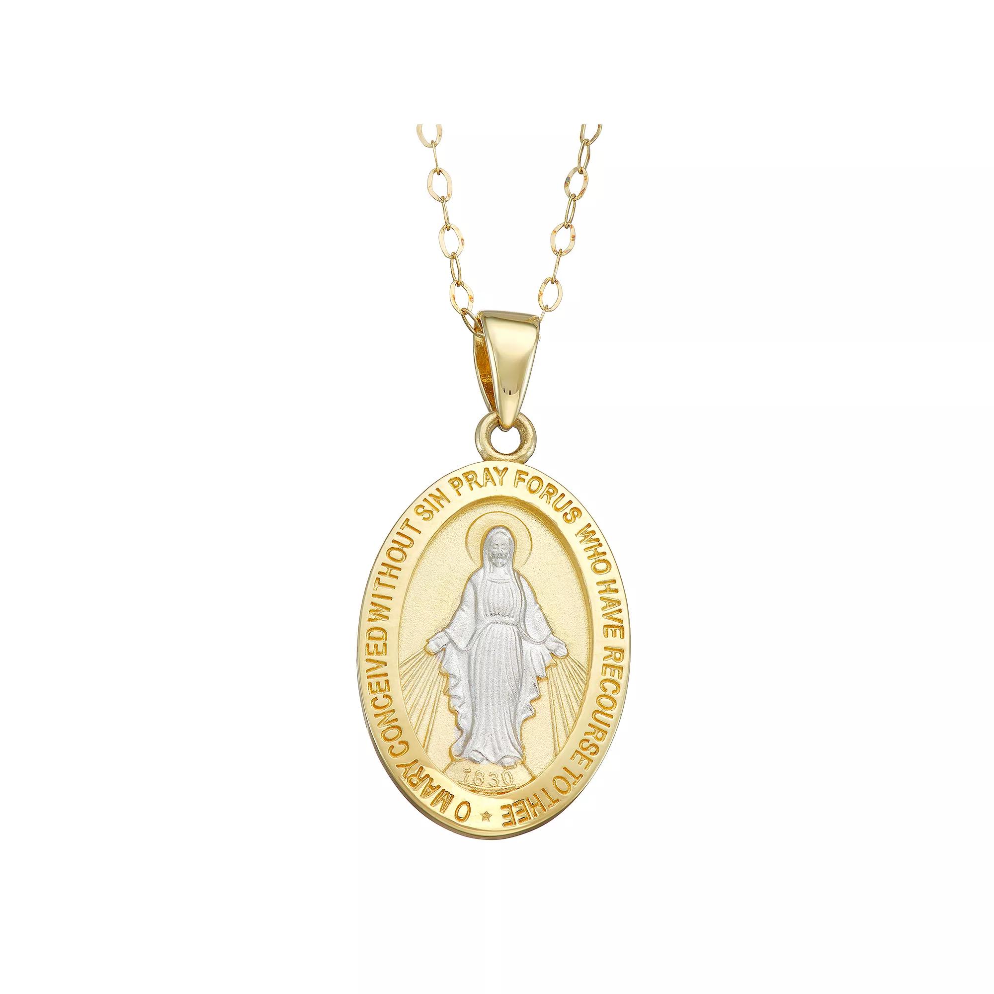 14k Gold Two-Tone Oval Miraculous Medal Pendant Necklace, Womens Product Image