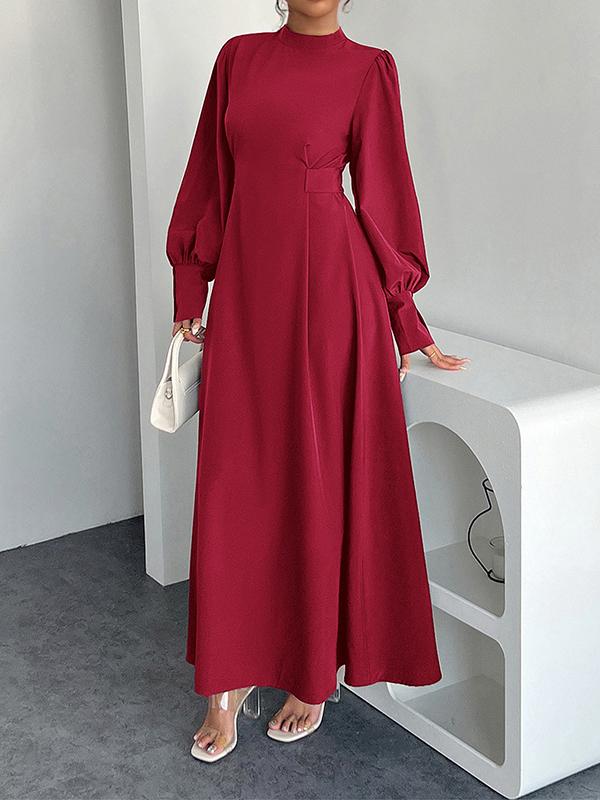 A-Line High Waisted Pleated Solid Color Tied Waist Mock Neck Maxi Dresses Product Image