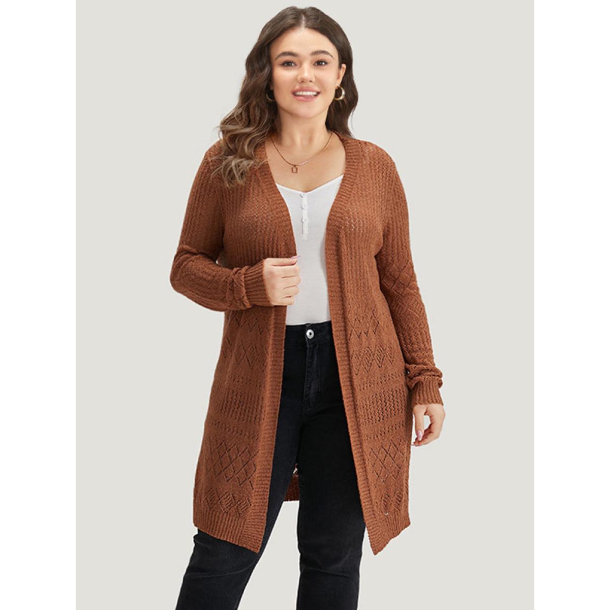 Plus Size Solid Geometric Hollow Out Open Front Cardigan Chocolate Women Casual Long Sleeve Dailywear Cardigans BloomChic 18-20/2X Product Image