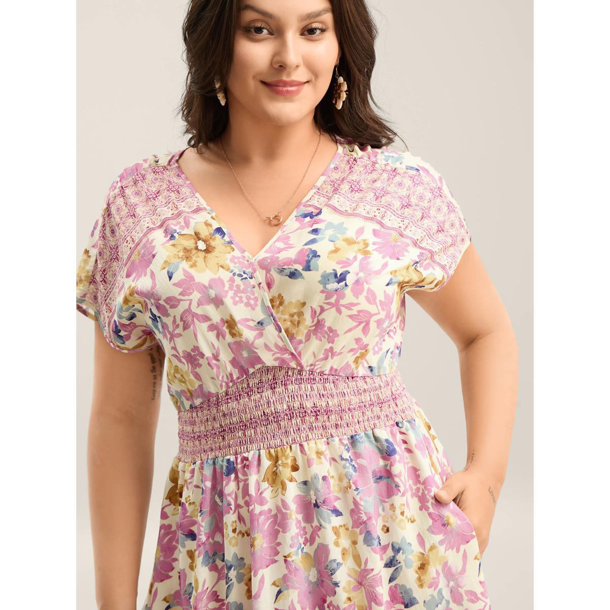 Plus Size Floral Shirred Waist Slit Midi Dress Lilac Women Overlap Collar Short sleeve Curvy BloomChic 14-16/1X Product Image