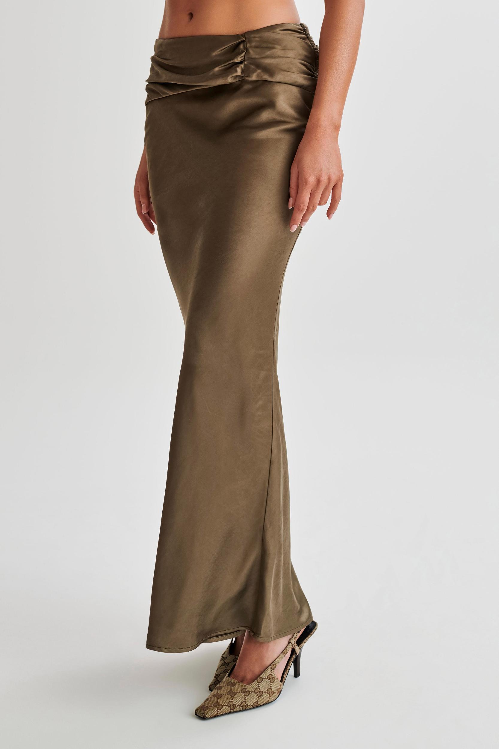 Khalani Ruched Satin Maxi Skirt - Khaki Product Image