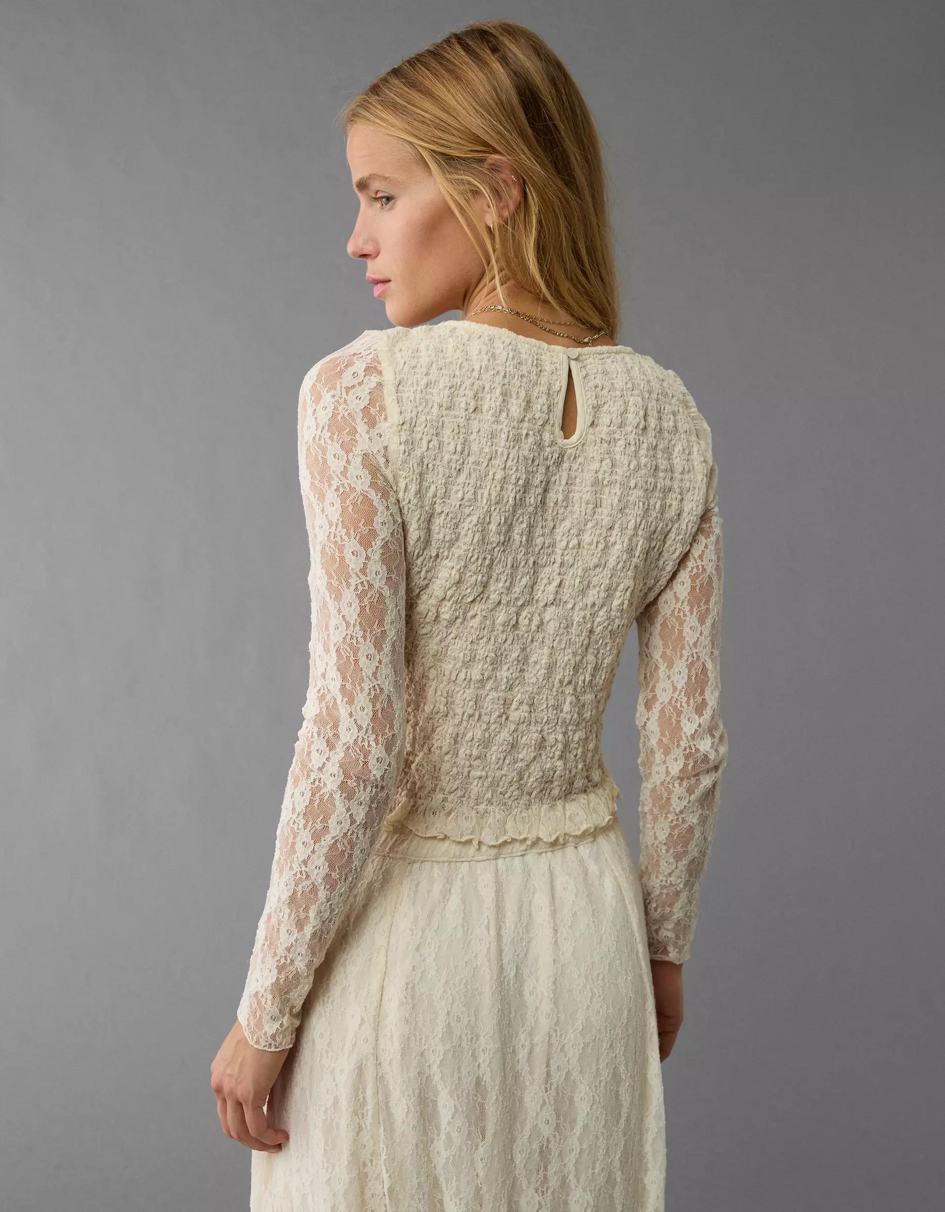 AE Long-Sleeve Lace Smocked Shirt Product Image