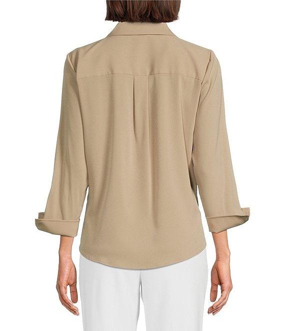 Investments Woven 3/4 Sleeve Point Collar Button Front Split Cuff Top Product Image