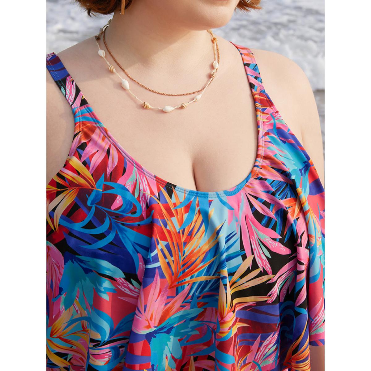 Plus Size Tropical Print Ruffle Tiered Tankini Top Women's Swimwear Multicolor Vacation Adjustable Straps High stretch Bodycon Round Neck Curve Swim Tops BloomChic 22-24/3X Product Image