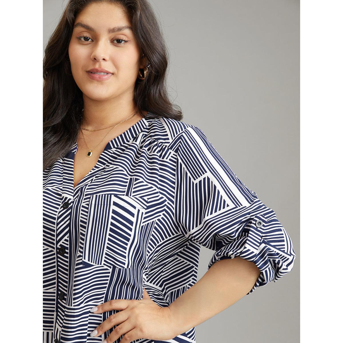 Plus Size Indigo Asymmetrical Striped Notched Tab Sleeve Blouse Women Office Long Sleeve Shirt collar Work Blouses BloomChic 18-20/2X Product Image