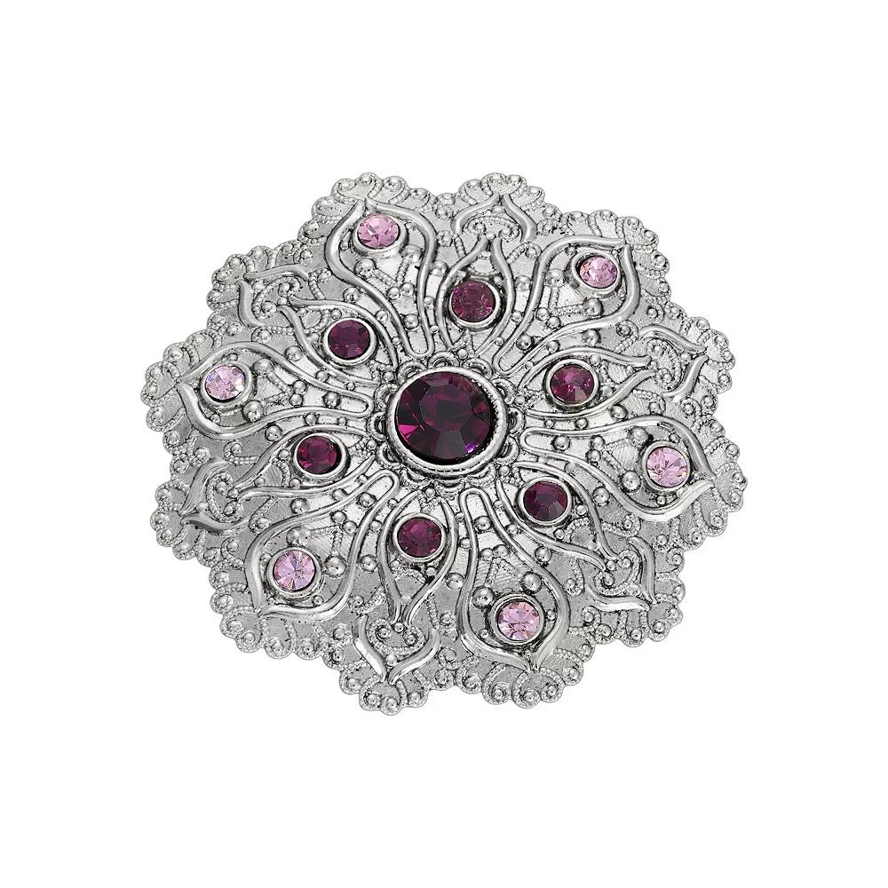 1928 Silver Tone Flower Crystal Pin, Womens, Purple Product Image
