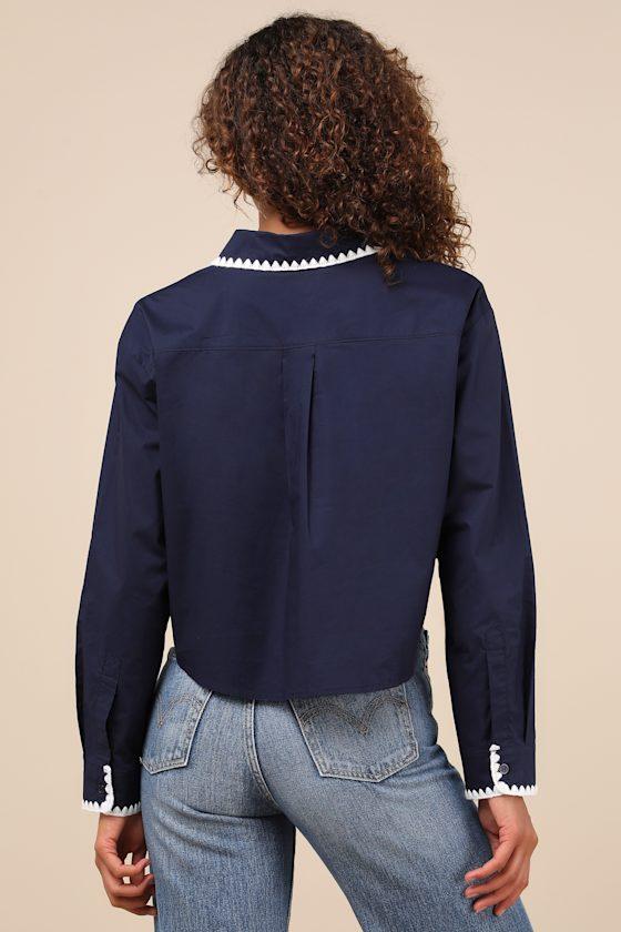Aesthetic Charm Navy Blue Embroidered Collar Long Sleeve Top Product Image