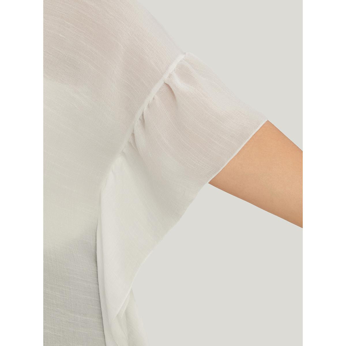 Plus Size Solid Ruffle Trim Dolman Sleeve Lace Asymmetrical Hem Knit Top White Women Elegant Short sleeve V-neck Dailywear Pullovers BloomChic 18-20/2X Product Image