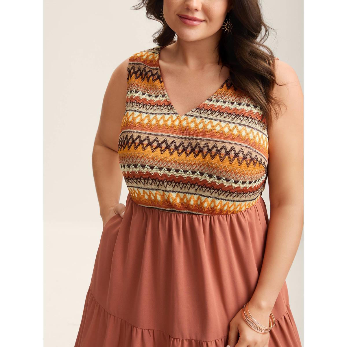 Plus Size Boho Stripes V-Neck Pockets Midi Dress Coral Women V-neck Sleeveless Curvy BloomChic 18-20/2X Product Image