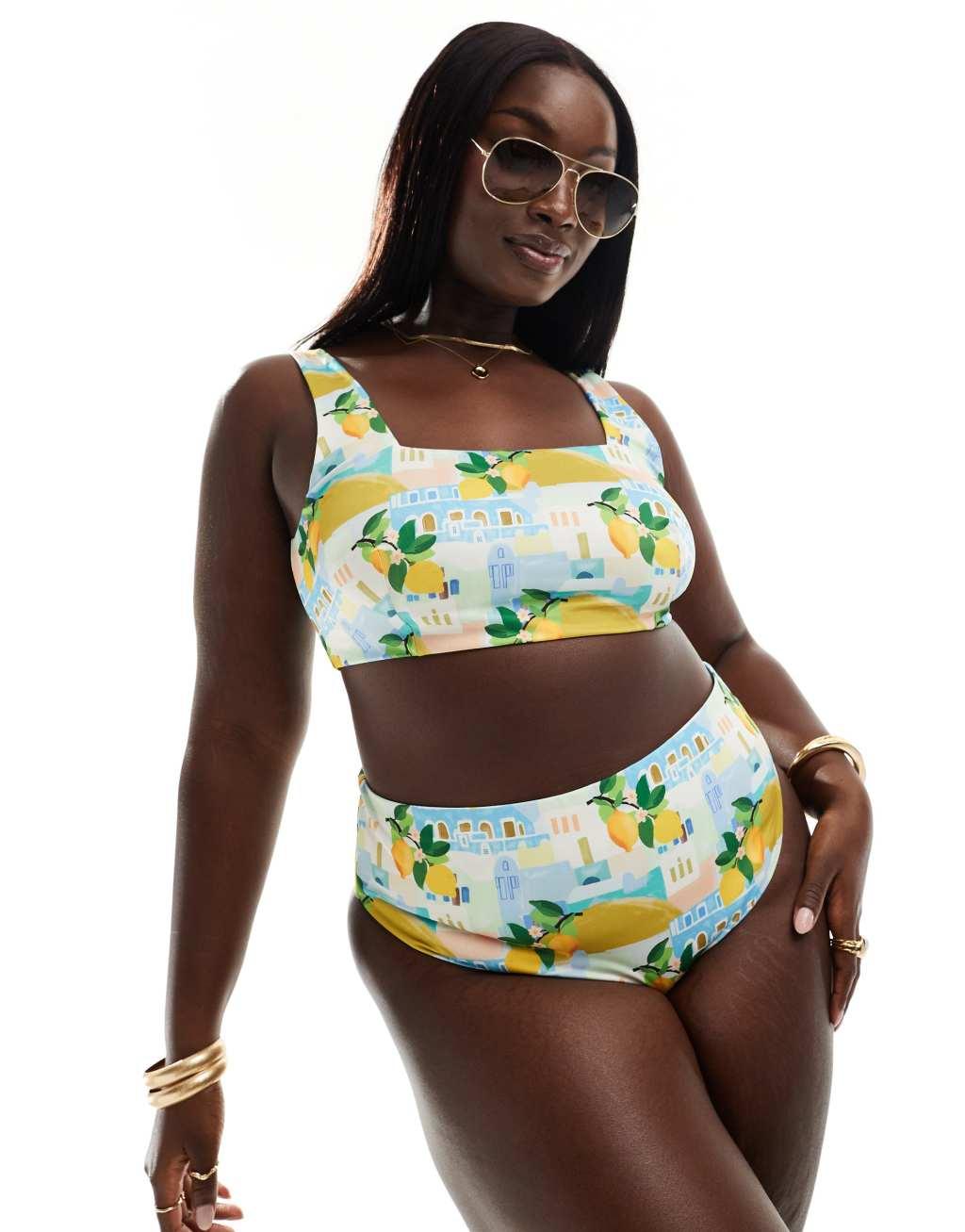 ASOS DESIGN Curve Sorrento high leg high waist bikini bottom in multi Product Image