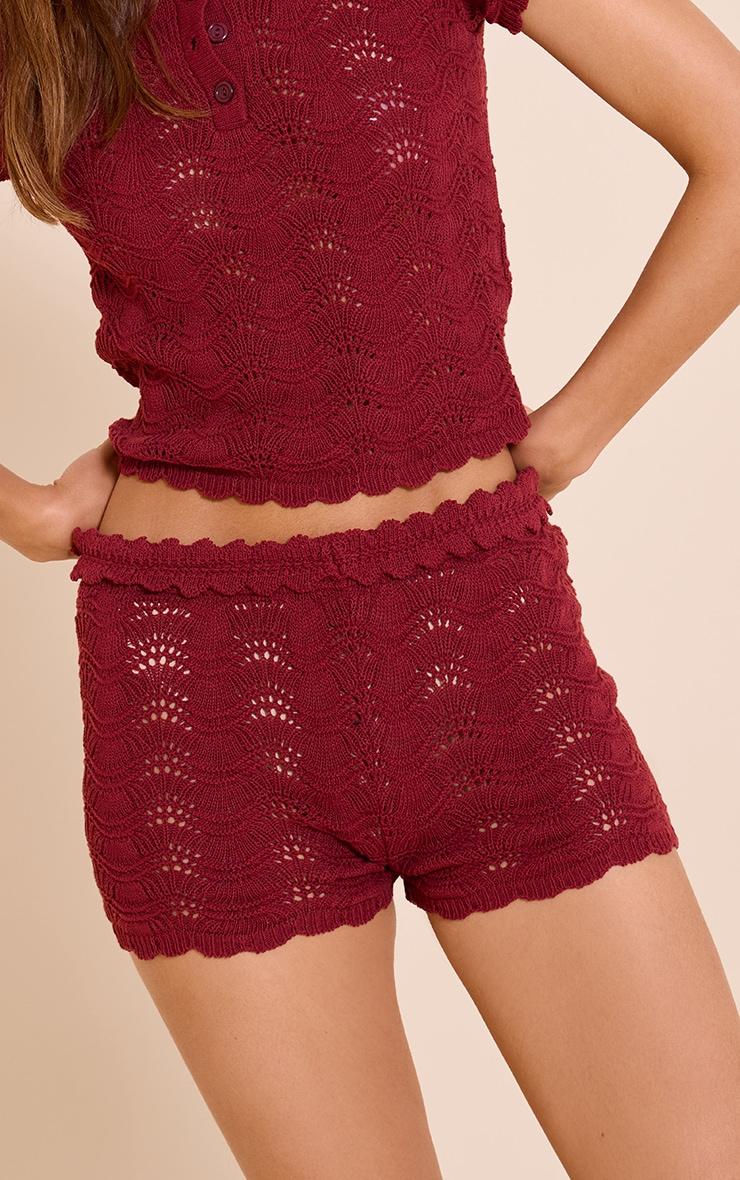 Burgundy Waistband Detail Crochet Mini Shorts Product Image