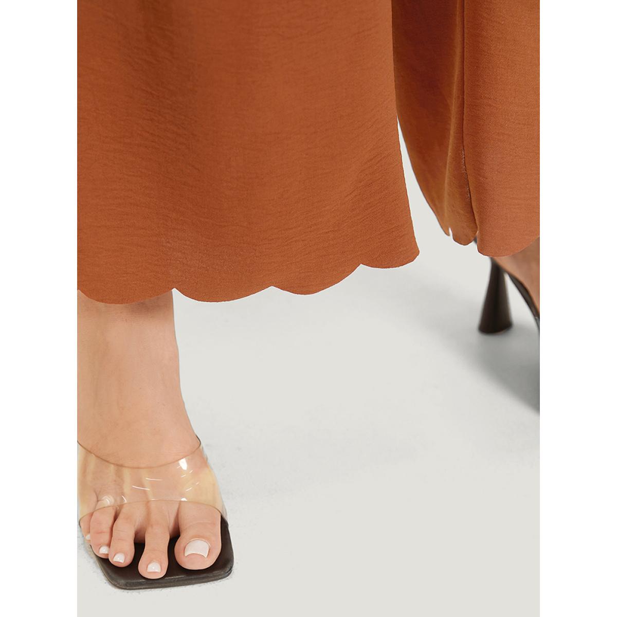 Plus Size Solid Button Detail Ruched Pocket Scalloped Trim Pants Women Rust Elegant Straight Leg High Rise Dailywear Pants BloomChic 10/M Product Image