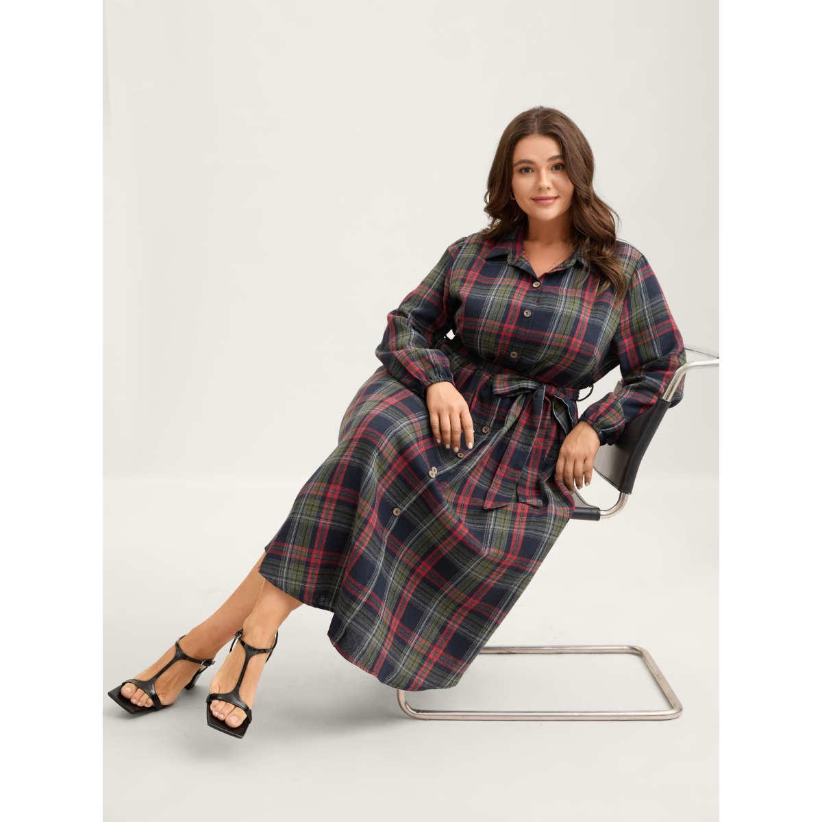 Plus Size Plaid Button Detail Pocket Belted Arc Hem Dress DarkBlue Women Leisure Pocket Shirt collar Long Sleeve Curvy Midi Dress BloomChic 28/5X Product Image