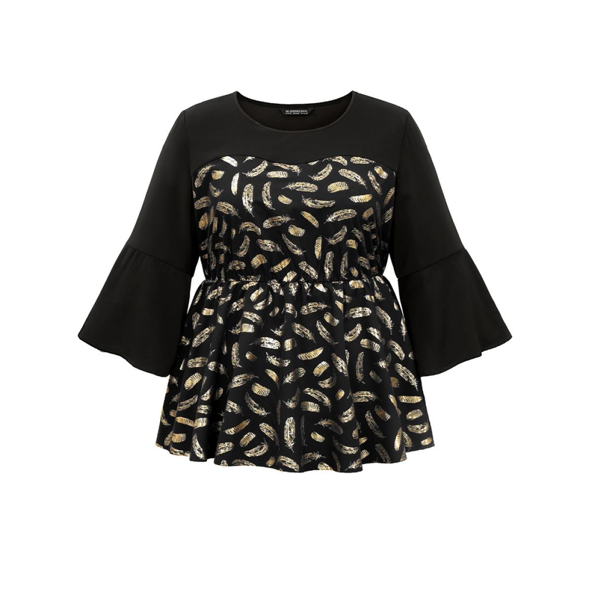 Plus Size Black Feather Glitter Patchwork Bell Sleeve Blouse Women Glamour Elbow-length sleeve Round Neck Party Blouses BloomChic 26/4X Product Image