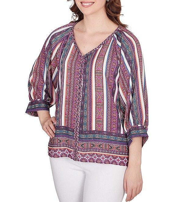 Ruby Rd. Southwest Stripe Border Print Metallic Detail Braid Trim V-Neck 3/4 Balloon Sleeve Top Product Image