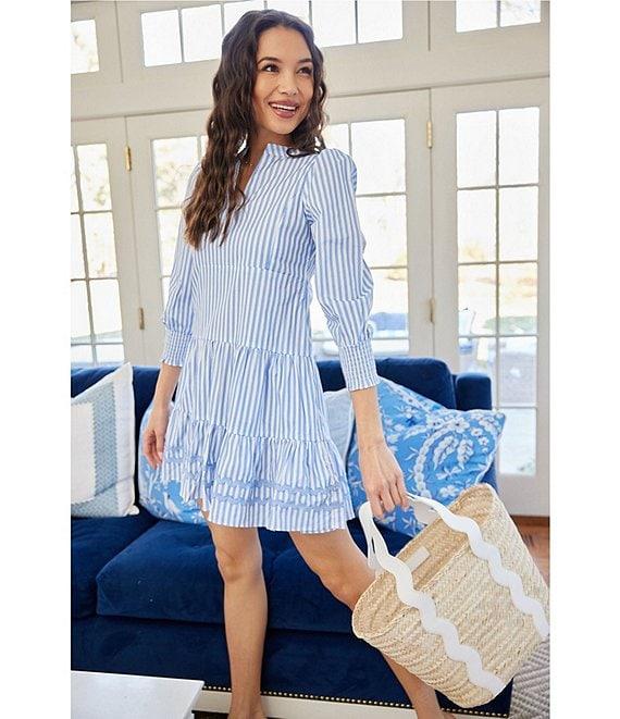 SAIL to SABLE Woven Stripe Split V-Neck Bracelet Sleeve Tiered Dress Product Image