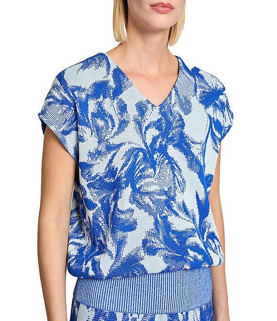 MISOOK Floral Jacquard Knit V-Neck Cap Sleeve Top Product Image