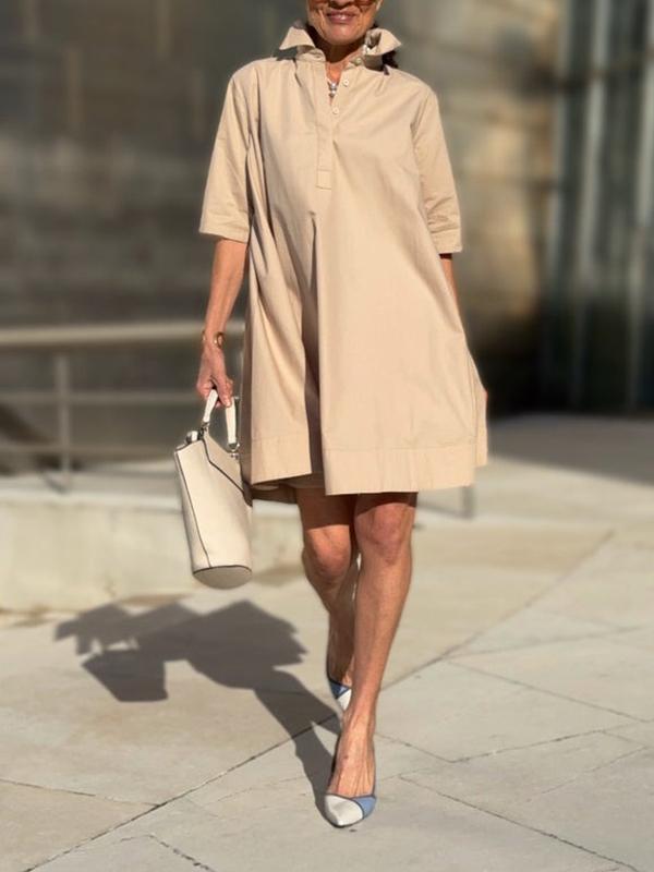 A-Line Short Sleeves Solid Color Split-Joint Lapel Mini Dresses Shirt Dress Product Image