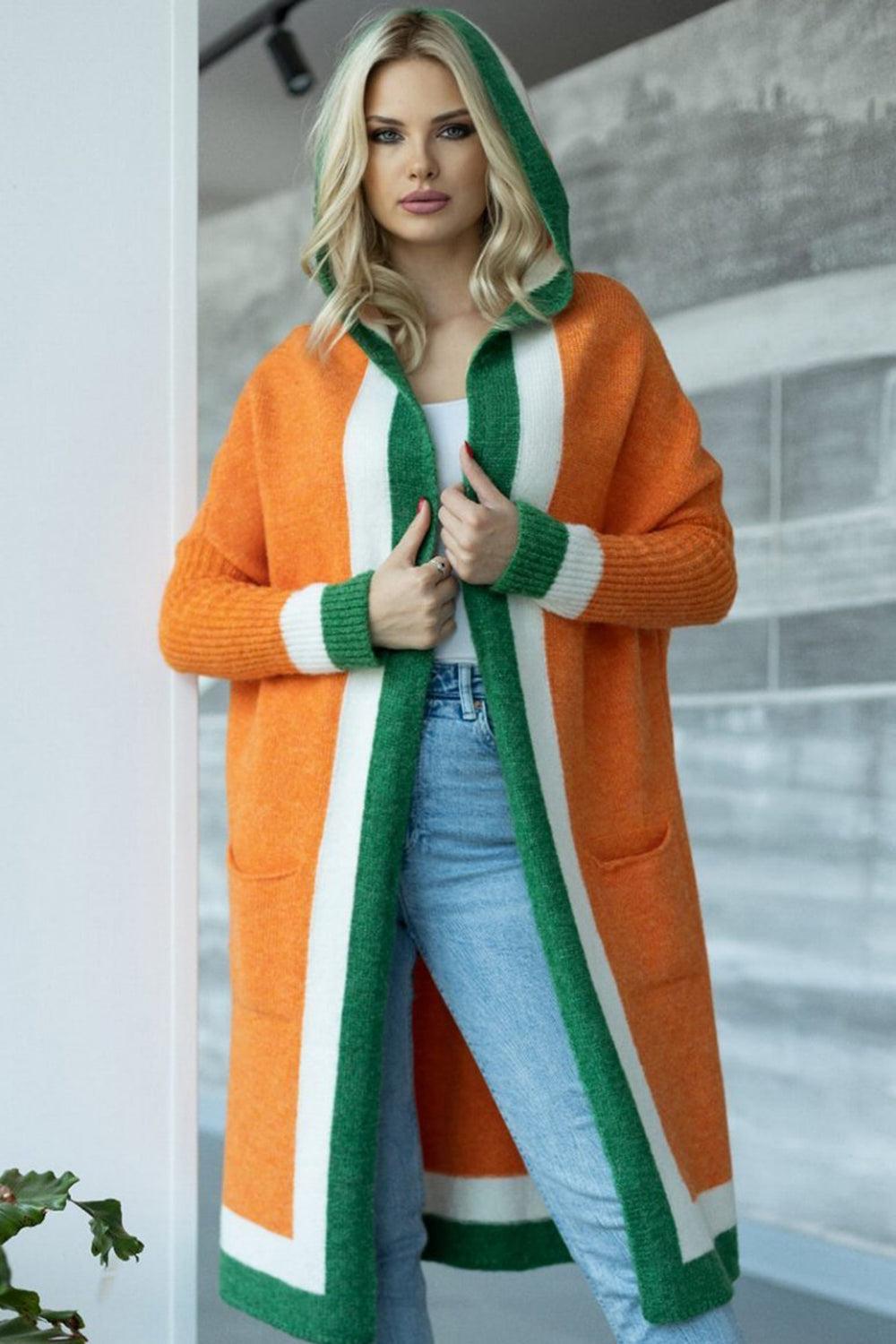 Pocketed Contrast Long Sleeve Hooded Cardigan Product Image