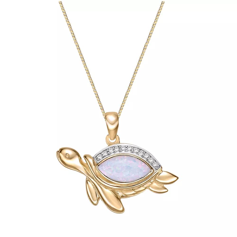 Gemminded 2 Micron 18K Gold Plated Sterling Silver Lab-Created Opal & Lab-Created White Sapphire Turtle Pendant, Women's, Size: 18", Gold Tone Product Image