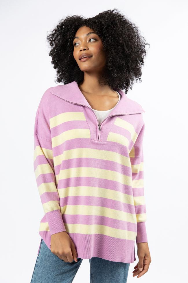 Pulling Heartstrings Purple And Yellow Striped Quarter Zip Pullover FINAL SALE Product Image