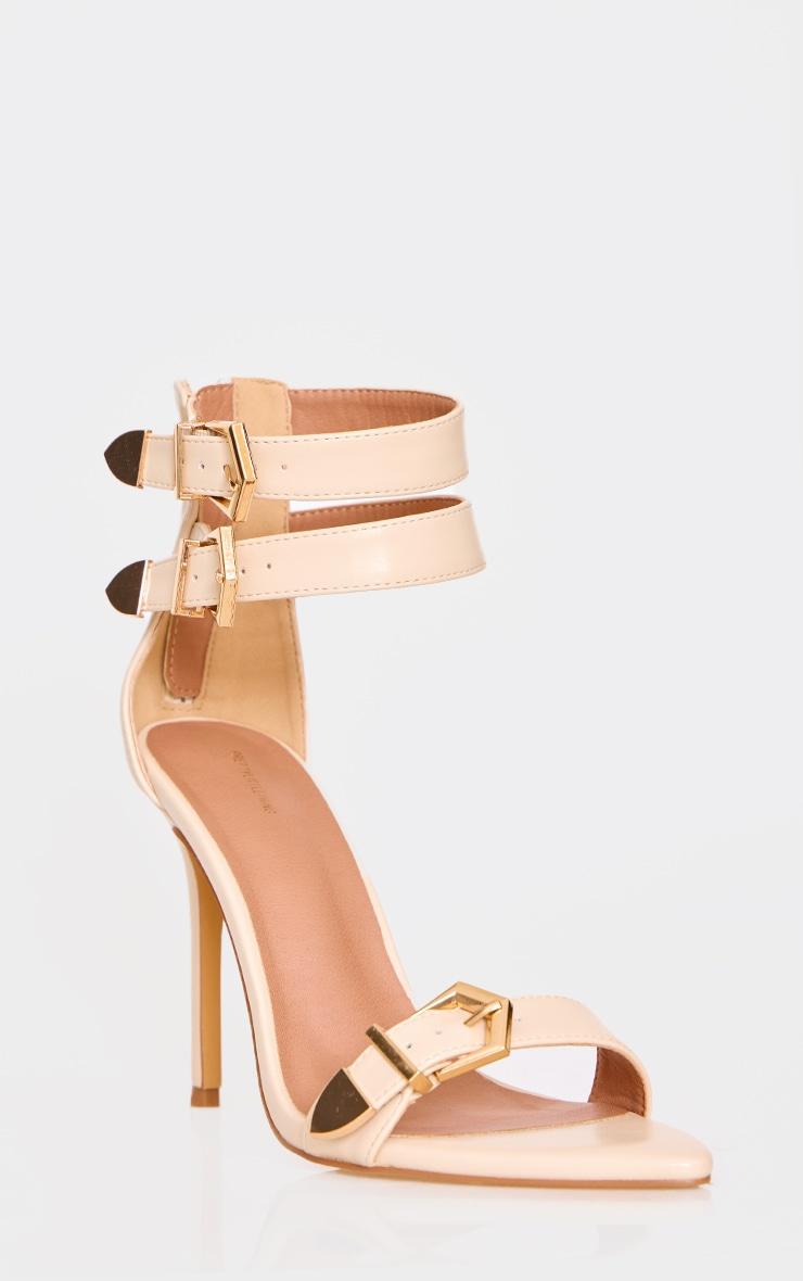 Cream PU Point Toe Buckle Strap High Stiletto Heeled Sandals Product Image