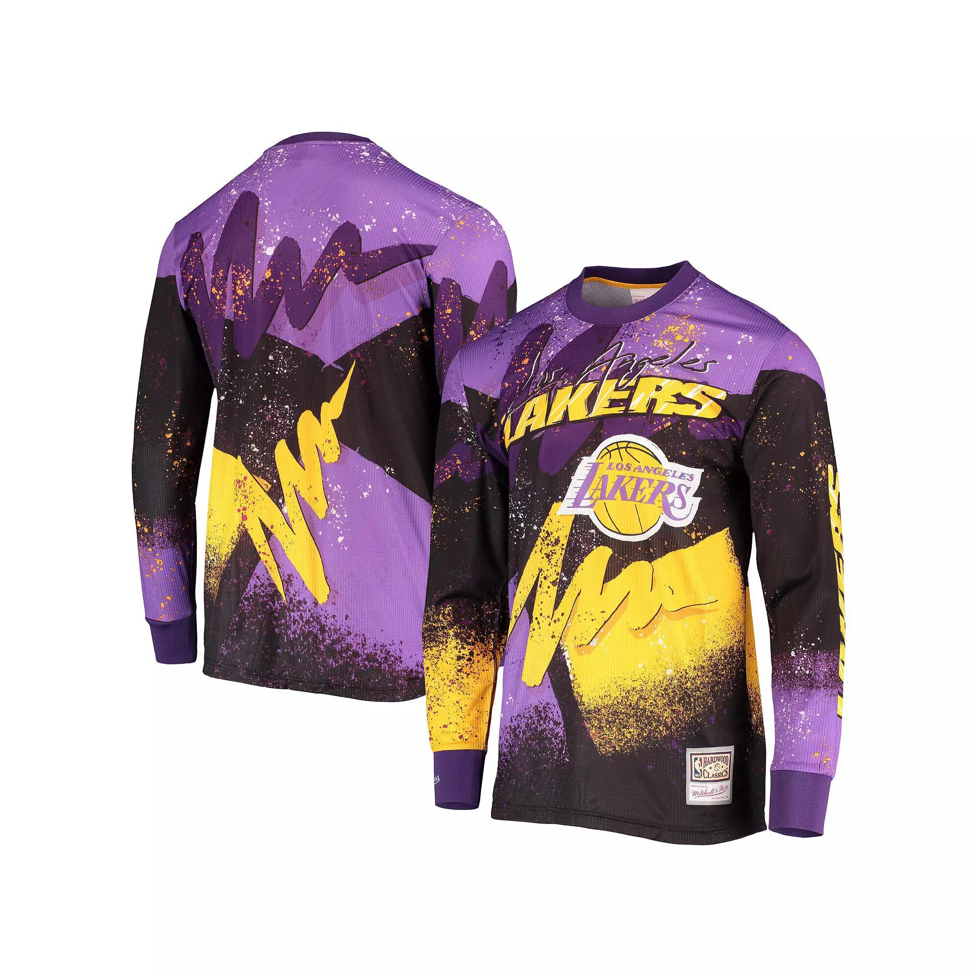 Men's Mitchell & Ness Purple Los Angeles Lakers Hardwood Classics Hyper Hoops Moto Sublimated Long Sleeve T-Shirt,  Product Image
