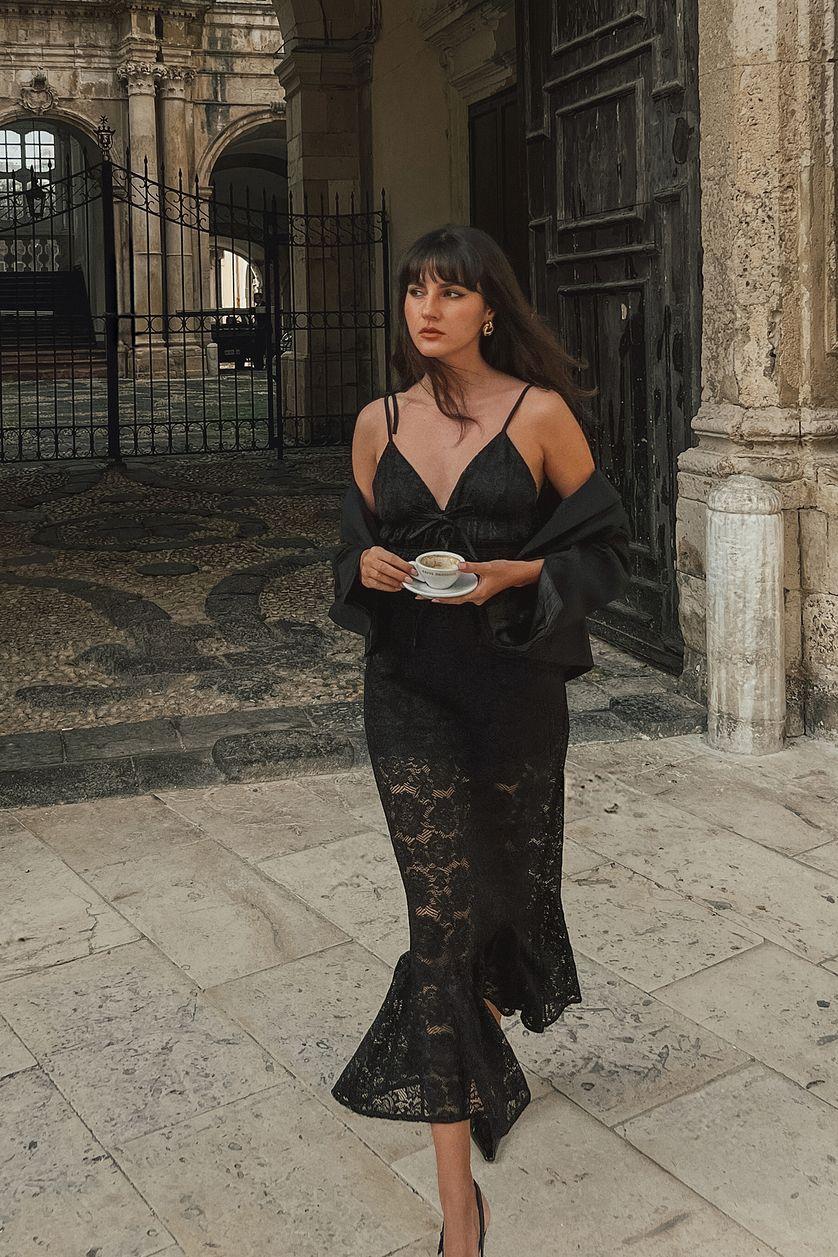 Draped Lace Midi Dress Product Image