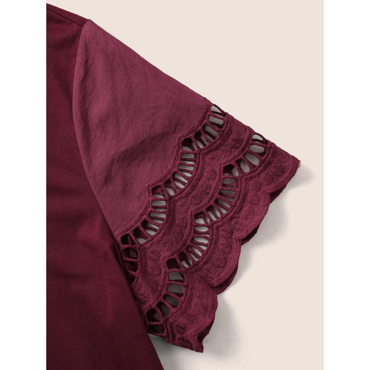 Plus Size Patchwork Broderie Anglaise Scalloped Trim T-shirt Burgundy Women Elegant Non Plain Round Neck Everyday T-shirts BloomChic 22-24/3X Product Image