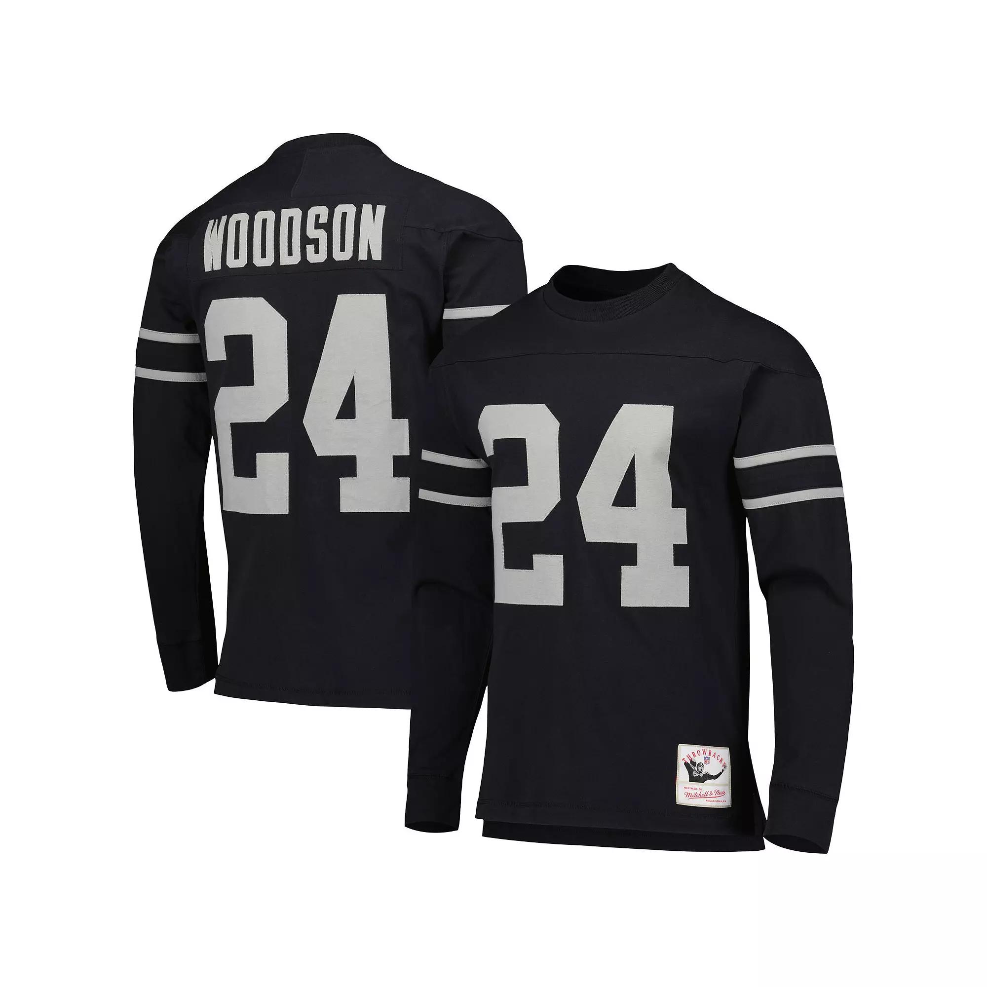 Men's Mitchell & Ness Charles Woodson Black Oakland Raiders Retired Player Name & Number Long Sleeve Top,  Product Image