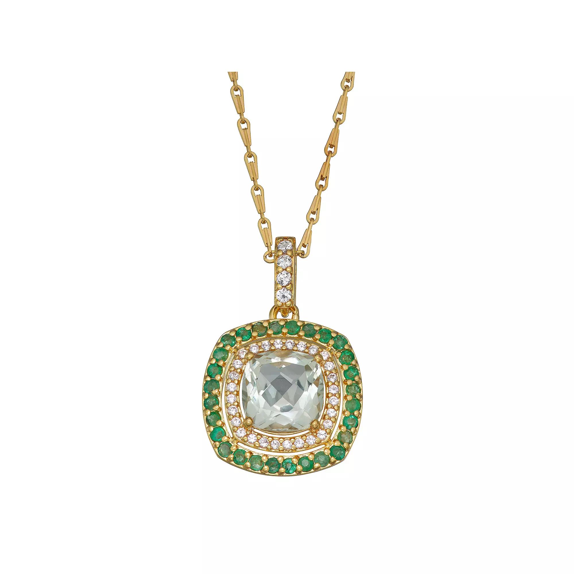 18K Gold over Sterling Silver Green Quartz Lab-Created Emerald & White Sapphire Drop Necklace, Women's, Size: 18", Gold Tone Product Image