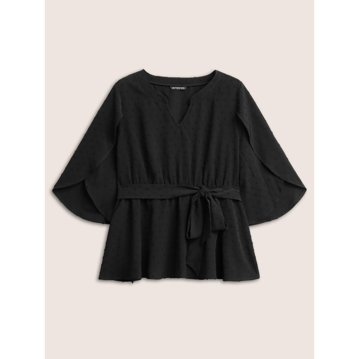Plus Size Black Plain Textured Petal Sleeve Ties Blouse Women Work From Home Elbow-length sleeve Flat collar with V-notch Work Blouses BloomChic 18-20/2X Product Image