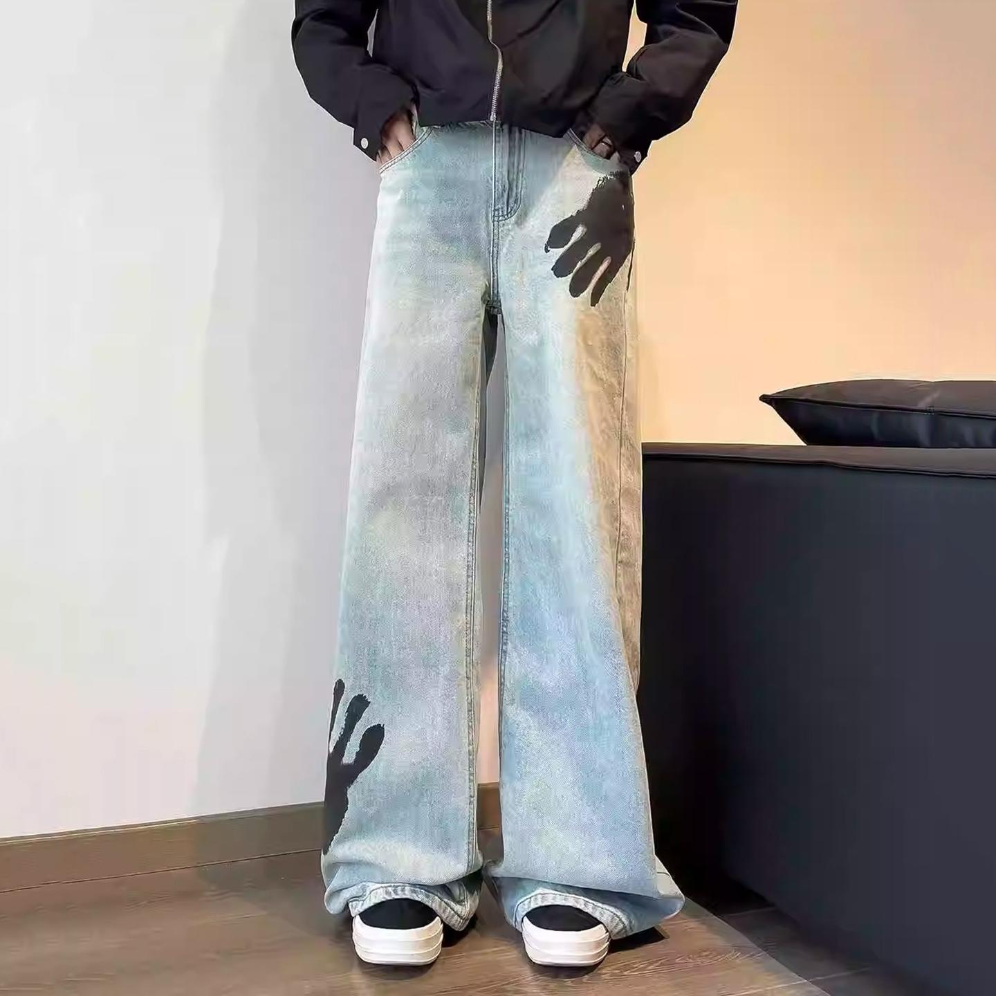 Sopula Retro Street Hiphop Palm Print Jeans Product Image