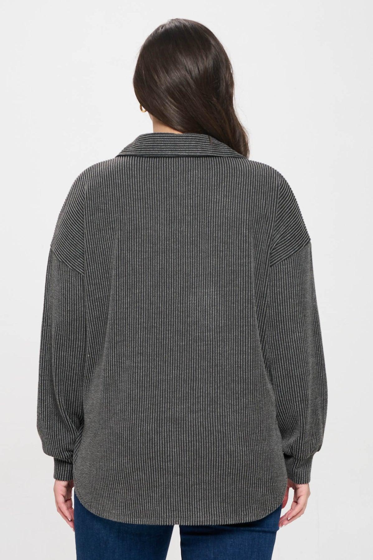 Plus Pinstripe Collared Half Button Knit Top Product Image