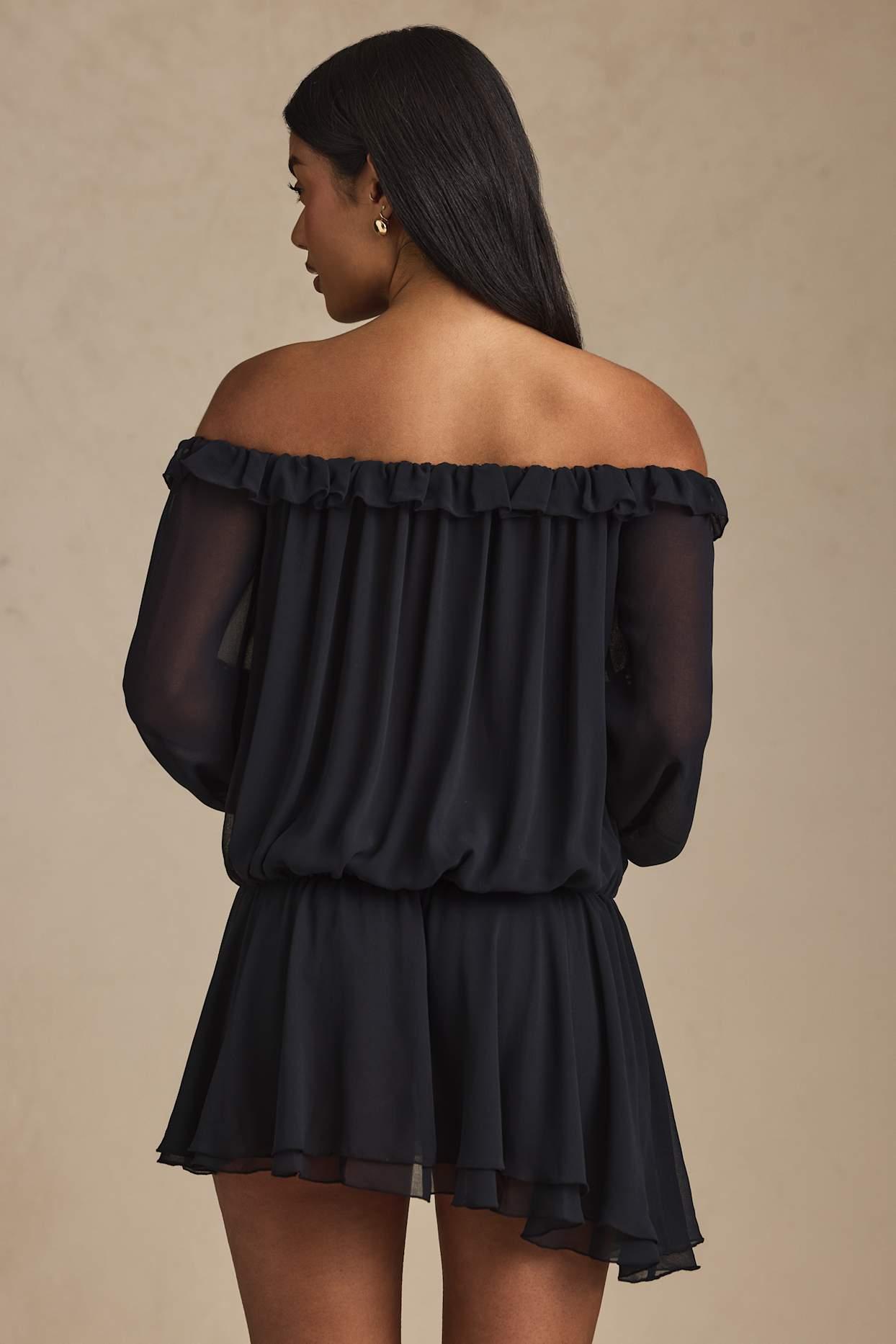 Off-Shoulder Asymmetric Balloon-Sleeve Mini Dress in Black Product Image