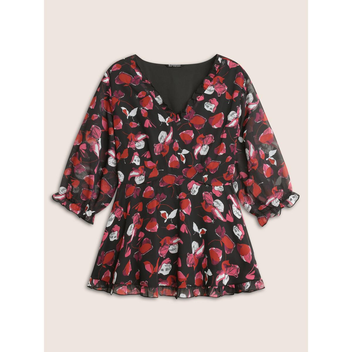 Plus Size Black Floral Mesh Patchwork Ruffle Trim Blouse Women Cocktail Elbow-length sleeve V-neck Party Blouses BloomChic 22-24/3X Product Image