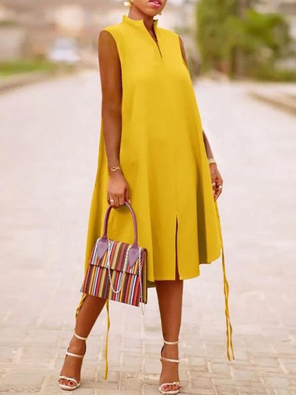 A-Line Sleeveless Solid Color Split-Joint Split-Side Streamer V-Neck Midi Dresses Product Image