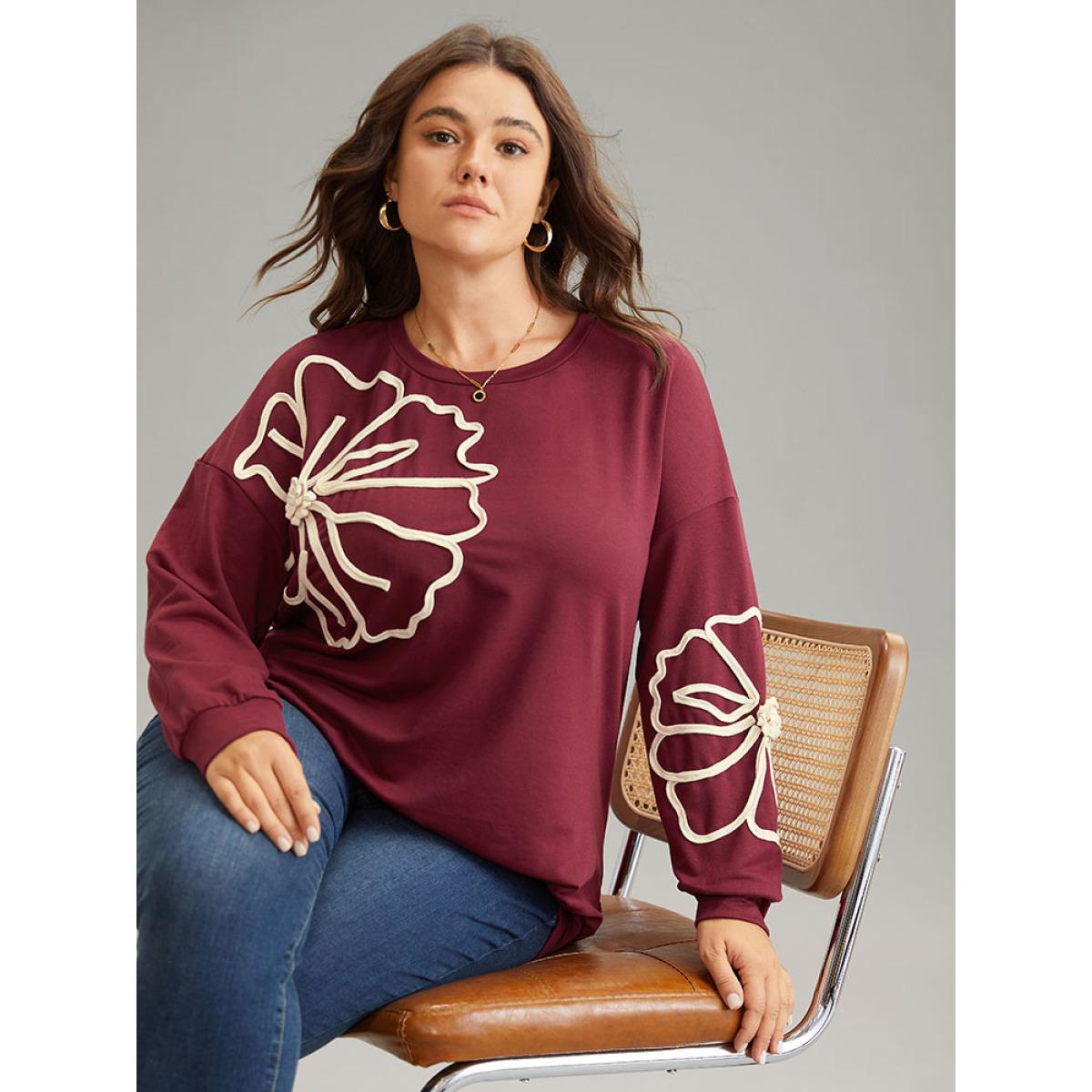 Plus Size 3D Floral Applique Drop Shoulder Sweatshirt Women Burgundy Elegant Contrast Round Neck Dailywear Sweatshirts BloomChic 26/4X Product Image