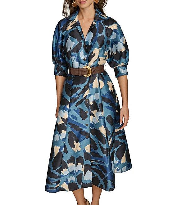 Donna Karan Collared Puff Elbow Sleeve Belted Dupioni A-Line Midi Dress Product Image