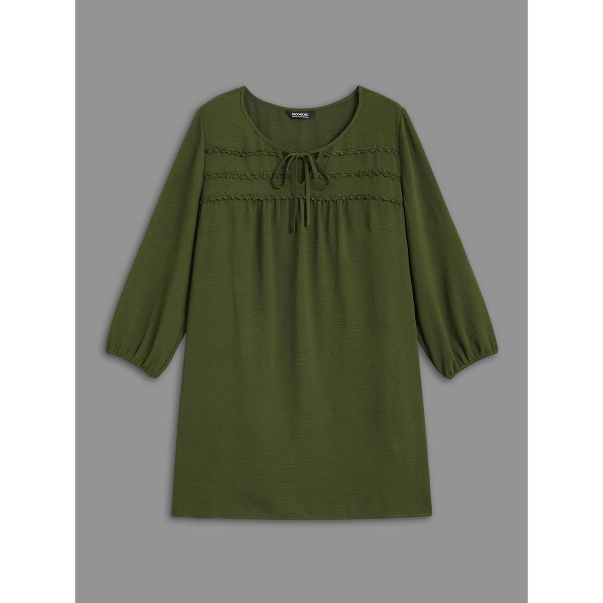 Plus Size ArmyGreen Woven Ribbon Tie Knot Gathered Blouse Women Elegant Elbow-length sleeve V-neck Everyday Blouses BloomChic 14-16/1X Product Image